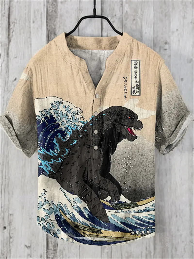 2025 Summer Japanese Style Water Monster Pattern Printed Men's Short Sleeve Linen Shirt Hawaii New Giant Monster Shirt