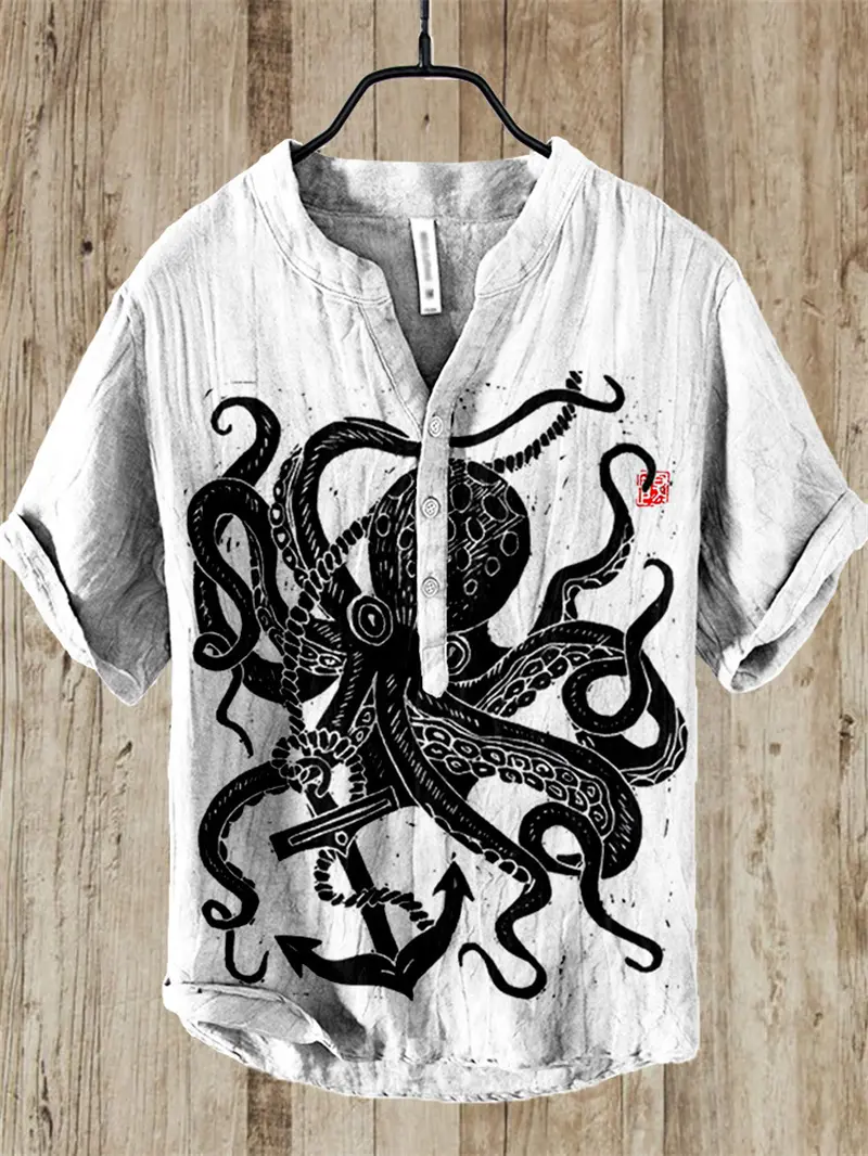 2025 Summer Japanese Style Water Monster Pattern Printed Men's Short Sleeve Linen Shirt Hawaii New Giant Monster Shirt