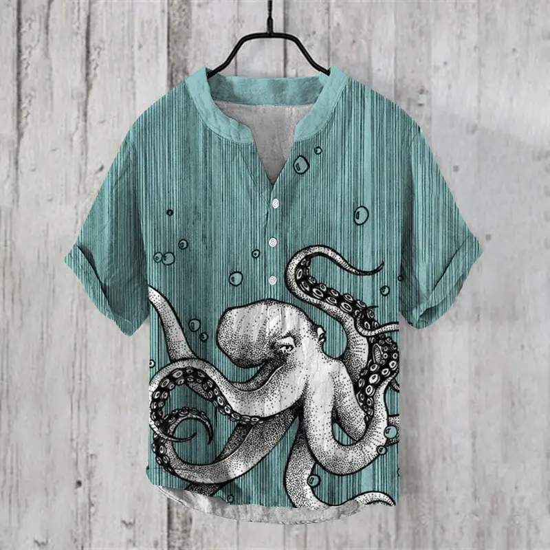 2025 Summer Japanese Style Water Monster Pattern Printed Men's Short Sleeve Linen Shirt Hawaii New Giant Monster Shirt