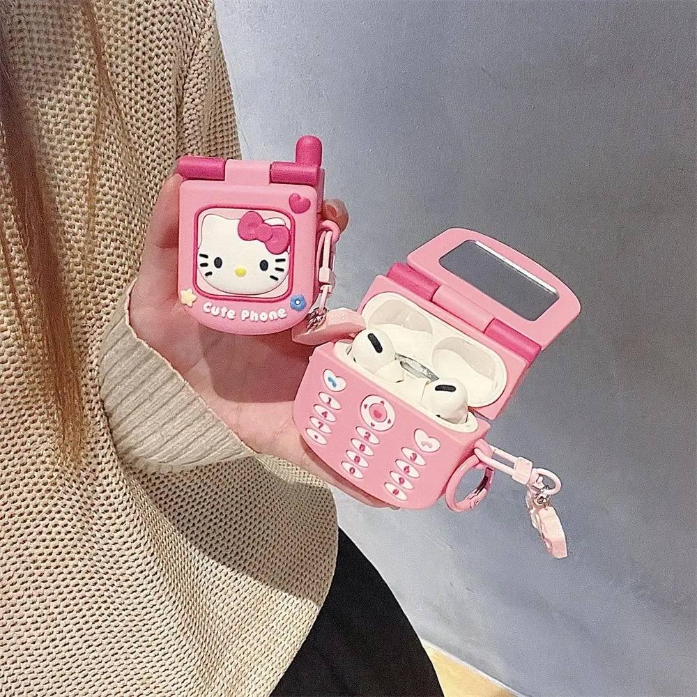 For AirPods 4 3 2 1 Pro Pro2 Earphone Case 3D Hello Kitty Retro CellPhone Silicone Cartoon Headphone Box With Mirror KT Cover