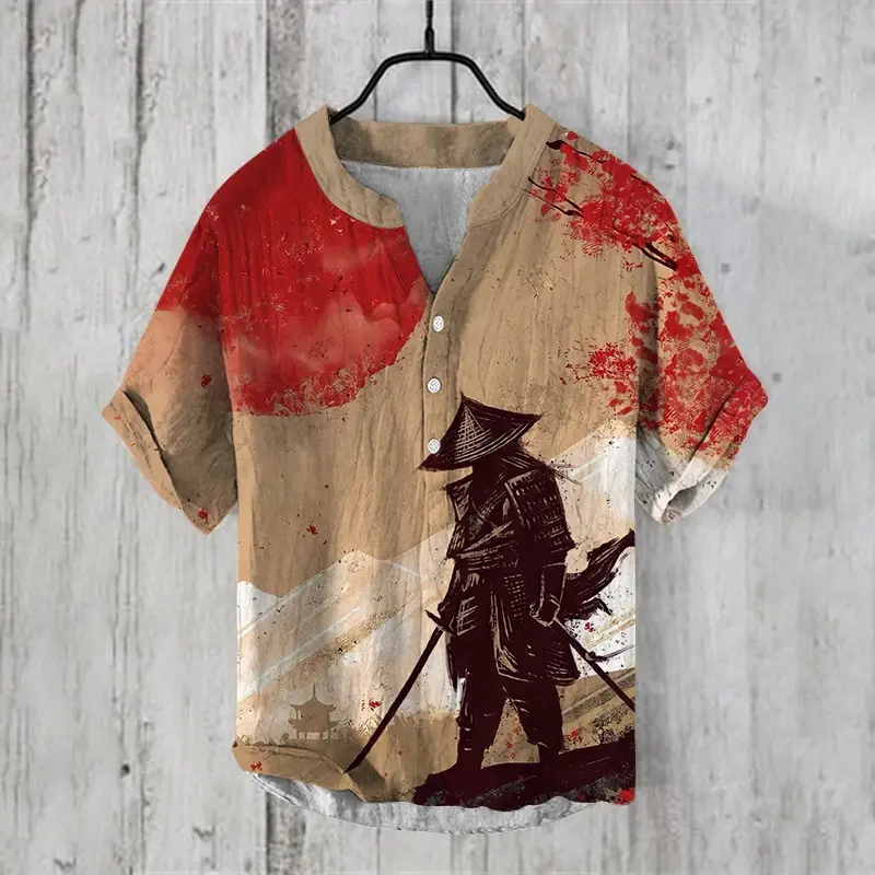 2025 Summer Japanese Style Water Monster Pattern Printed Men's Short Sleeve Linen Shirt Hawaii New Giant Monster Shirt