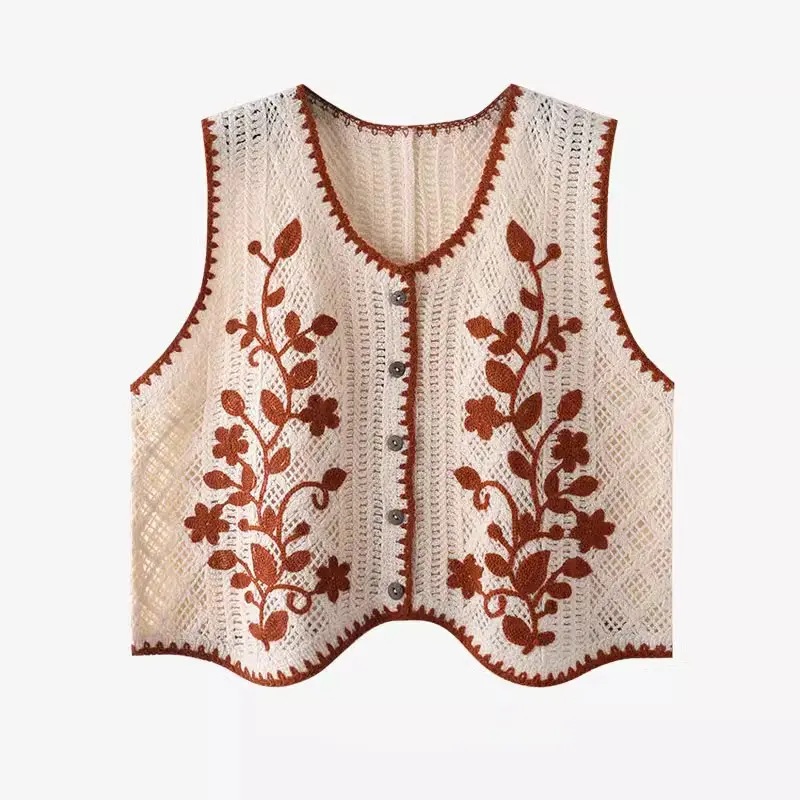 Flower Embroidery Crochet Waistcoat Top Sleeveless Button Front Vest Cardigan Women Spring Summer Vintage Fairycore Cottagecore