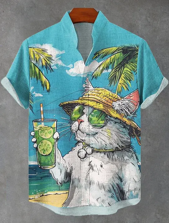 Summer Men's Retro Cartoon Anime Cat Theme Short Sleeve Shirt Short Sleeve Tops Fashion Casual Vacation Streetwear Men's Shirt