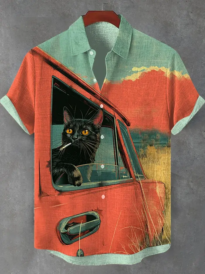 Summer Men's Retro Cartoon Anime Cat Theme Short Sleeve Shirt Short Sleeve Tops Fashion Casual Vacation Streetwear Men's Shirt