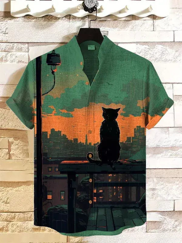 Summer Men's Retro Cartoon Anime Cat Theme Short Sleeve Shirt Short Sleeve Tops Fashion Casual Vacation Streetwear Men's Shirt
