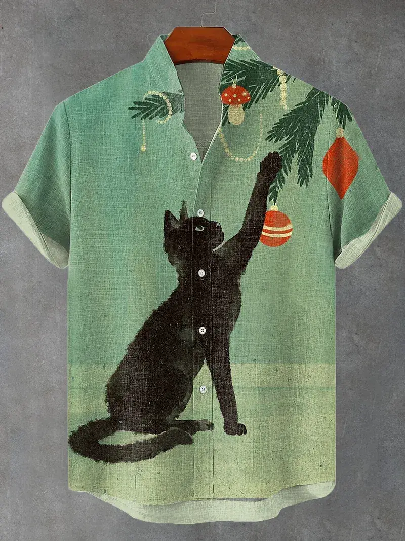 Summer Men's Retro Cartoon Anime Cat Theme Short Sleeve Shirt Short Sleeve Tops Fashion Casual Vacation Streetwear Men's Shirt