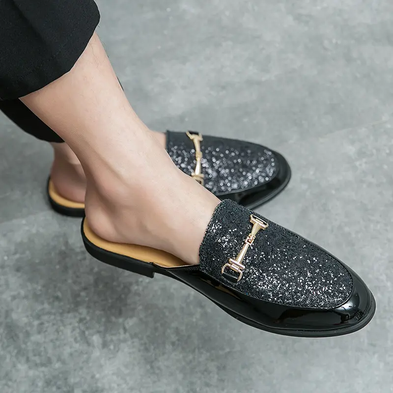 Classic Style Men's Mules Half Shoes Designer Men Dress Causal Shoes Buckle Black Gold Shallow Breathable Leather Shoes for Men