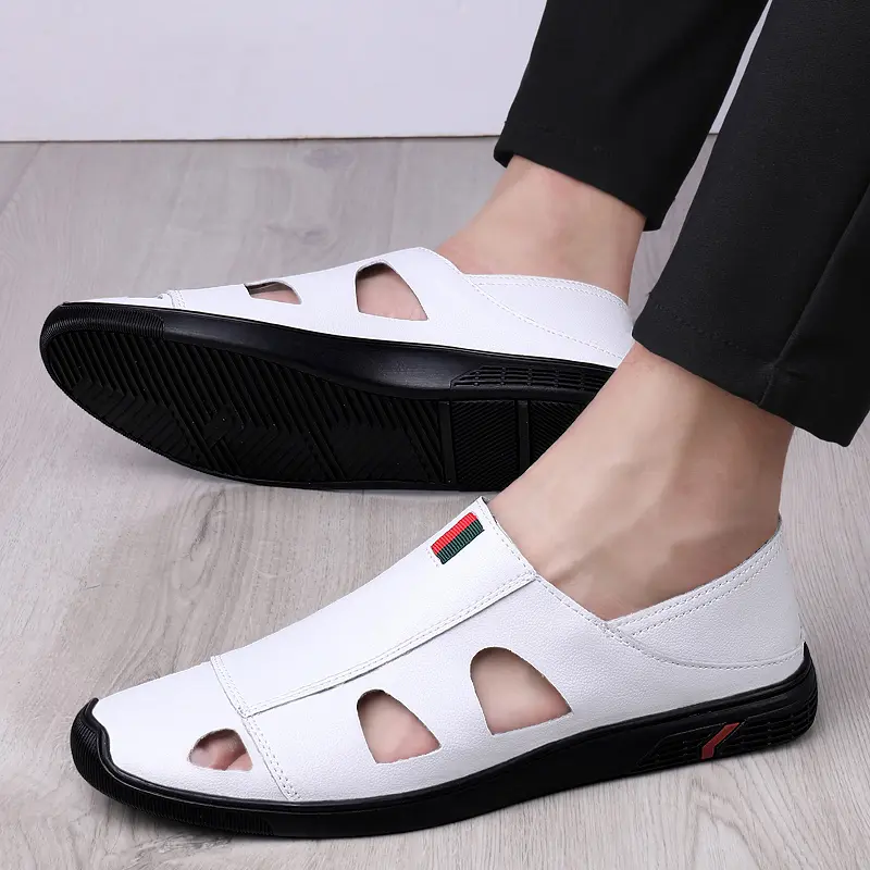 Calfskin Genuine Leather Luxury Brand Designer Summer Men's Sandals Breathable Business Beach Slippers Sandals Men Wedding Shoes