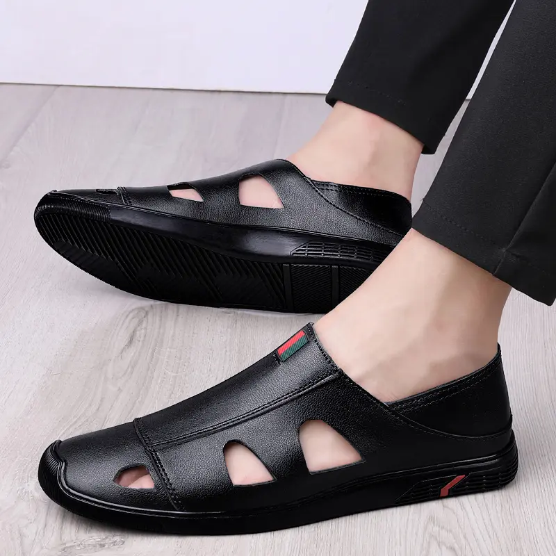 Calfskin Genuine Leather Luxury Brand Designer Summer Men's Sandals Breathable Business Beach Slippers Sandals Men Wedding Shoes