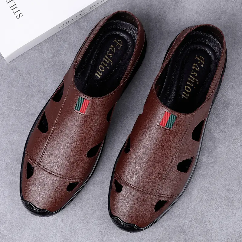 Calfskin Genuine Leather Luxury Brand Designer Summer Men's Sandals Breathable Business Beach Slippers Sandals Men Wedding Shoes
