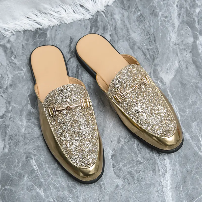 Classic Style Men's Mules Half Shoes Designer Men Dress Causal Shoes Buckle Black Gold Shallow Breathable Leather Shoes for Men