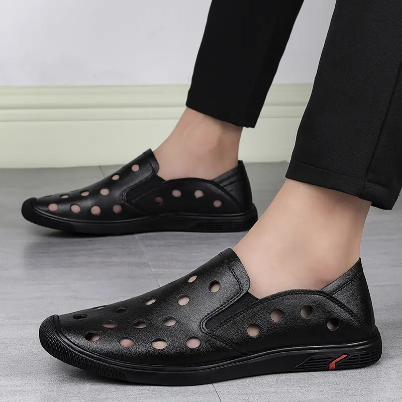 2023 Summer Hollow Genuine Leather Designer Shoes Mens Casual Sandals Breathable Hole Business Loafers Office Men Shoes Slippers