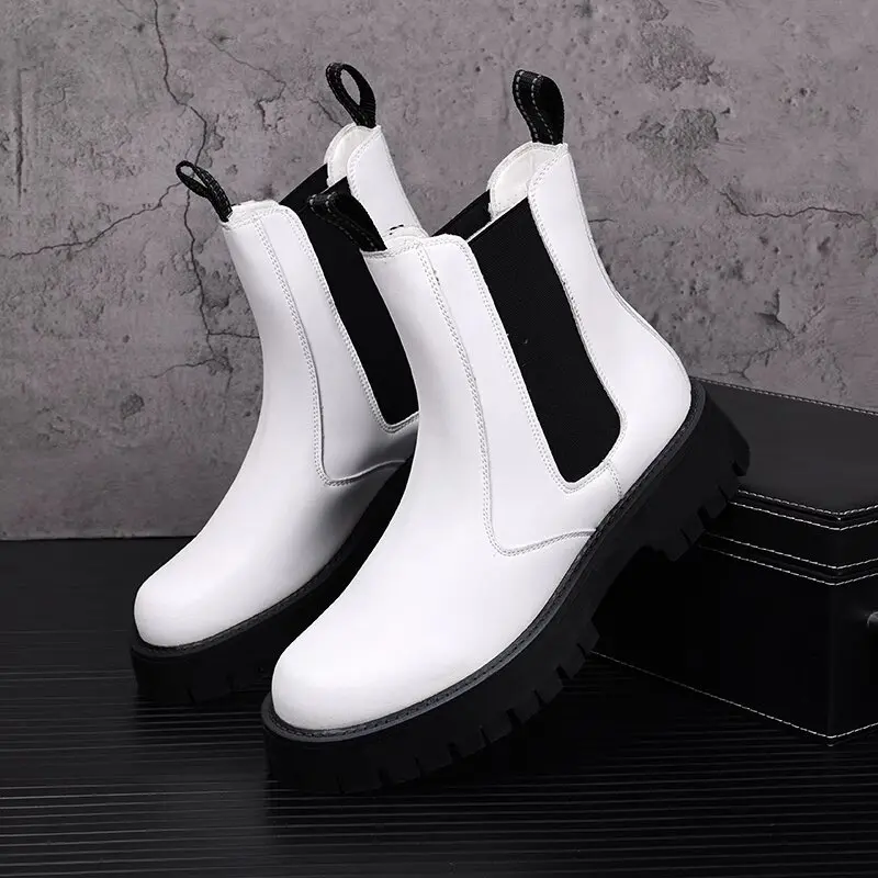 men fashion high chelsea boots black white shoes stage nightclub cowboy original leather boot handsome platform motorcycle botas