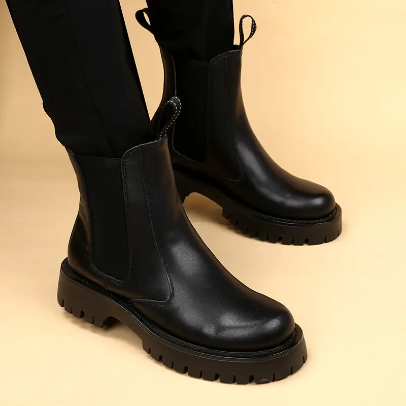 men fashion high chelsea boots black white shoes stage nightclub cowboy original leather boot handsome platform motorcycle botas