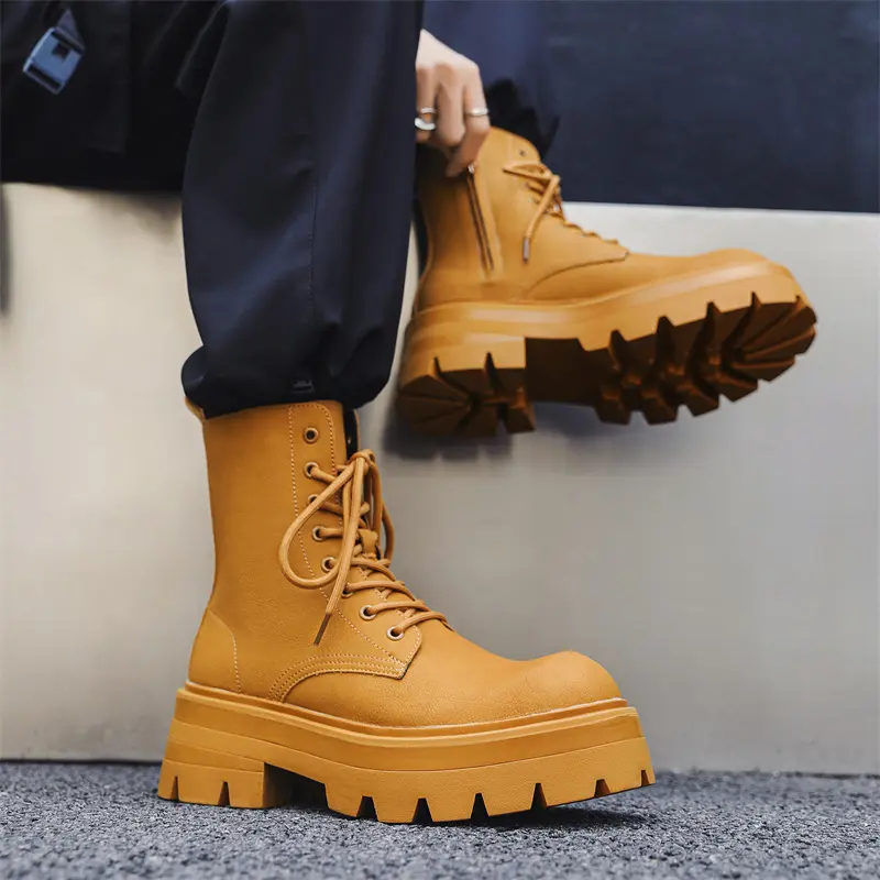 men fashion high motorcycle boots lace-up platform shoes punk rock dress genuine leather boot designer cool long botas masculina