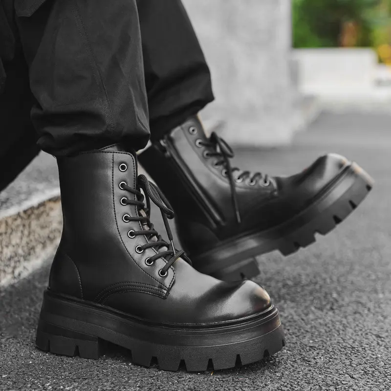 men fashion high motorcycle boots lace-up platform shoes punk rock dress genuine leather boot designer cool long botas masculina