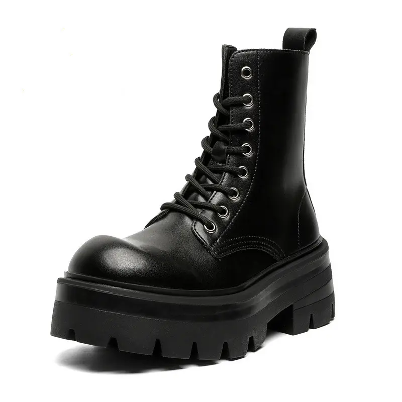 men fashion high motorcycle boots lace-up platform shoes punk rock dress genuine leather boot designer cool long botas masculina