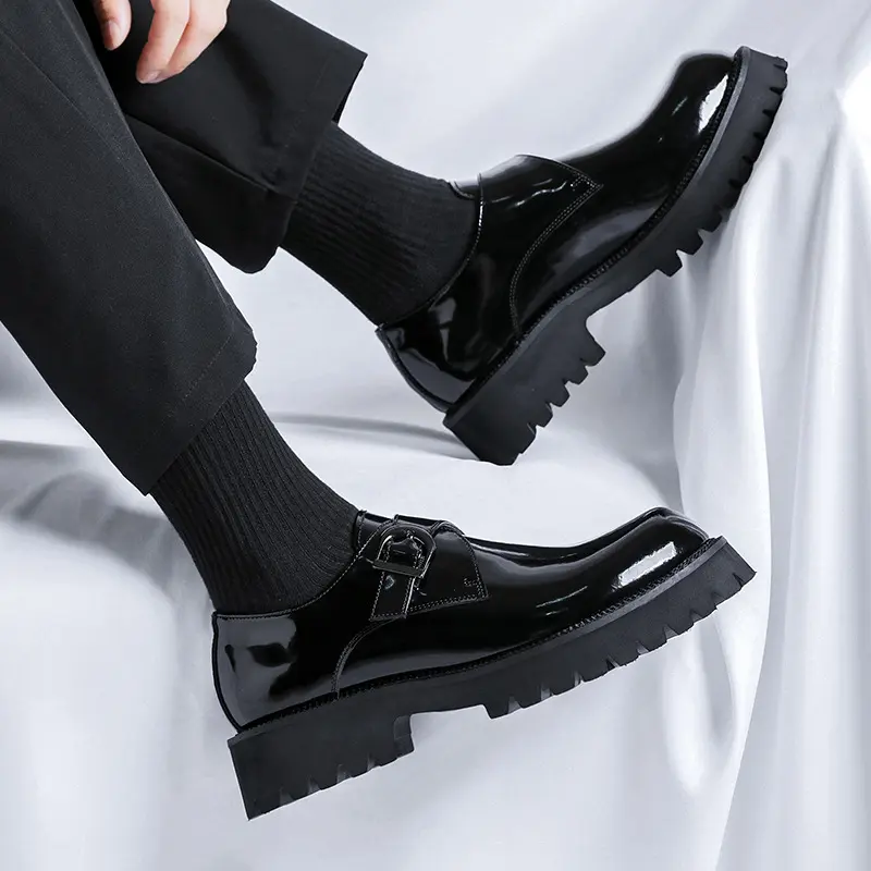 men's fashion monk shoes black stylish patent leather platform shoe wedding party dress breathable loafers gentleman footwear