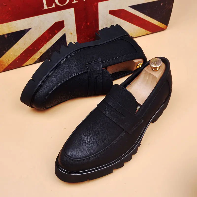men luxury fashion genuine leather shoes slip-on driving shoe black stylish platform loafers business wedding footwear designer