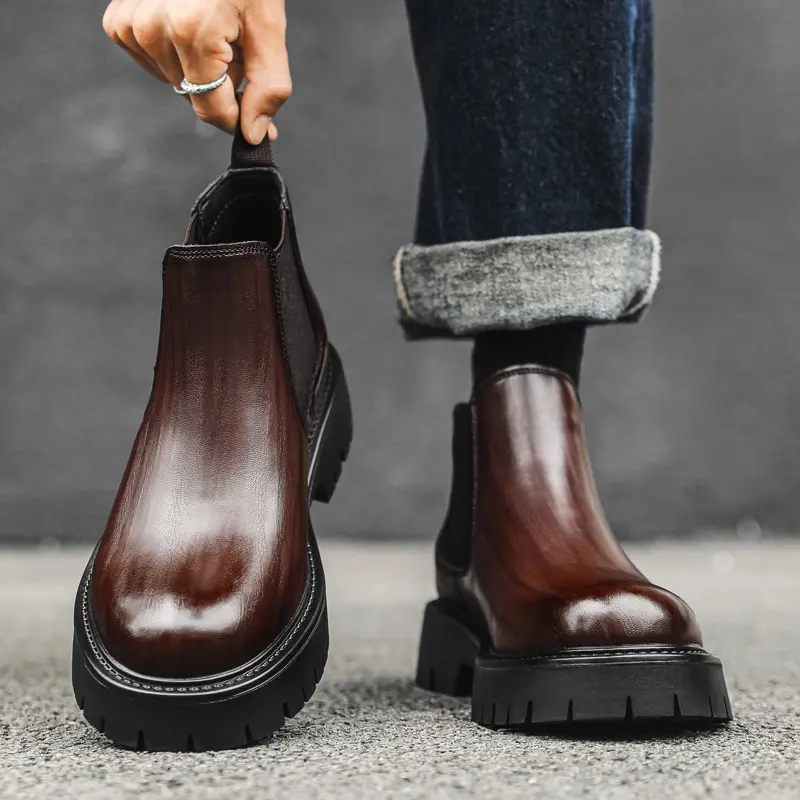plus size mens casual chelsea boots slip-on genuine leather shoes black brown cowboy platform boot spring autumn ankle botas man