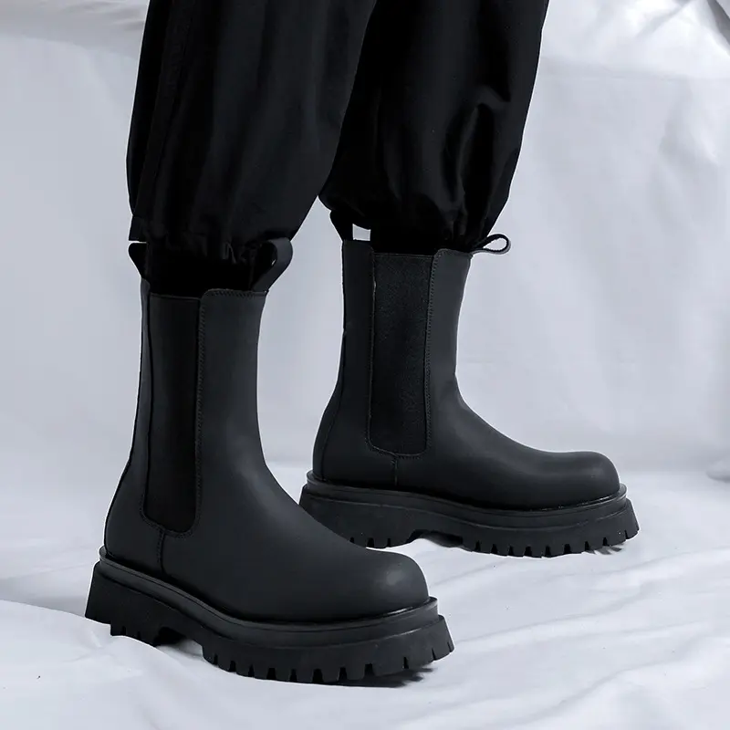 men fashion high chelsea boots black trendy genuine leather shoes cowboy platform boot handsome long motorcycle botas masculinas