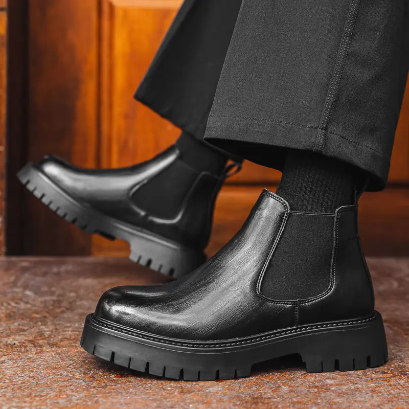 plus size mens casual chelsea boots slip-on genuine leather shoes black brown cowboy platform boot spring autumn ankle botas man