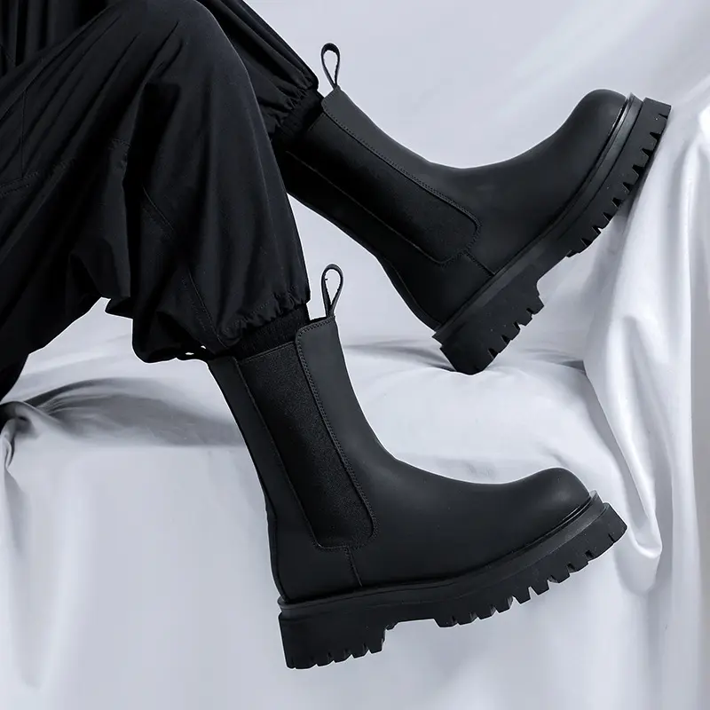 men fashion high chelsea boots black trendy genuine leather shoes cowboy platform boot handsome long motorcycle botas masculinas