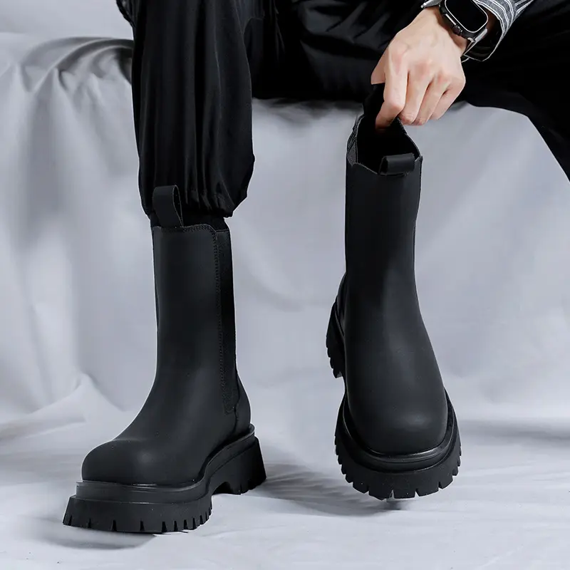 men fashion high chelsea boots black trendy genuine leather shoes cowboy platform boot handsome long motorcycle botas masculinas