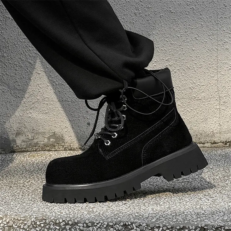 men fashion party nightclub platform boots lace-up cow suede leather shoes outdoors cowboy desert boot handsome ankle botas male