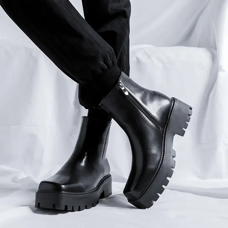 mens fashion punk rock dress high chelsea boots square toe platform shoes cowboy original leather boot handsome motorcycle botas