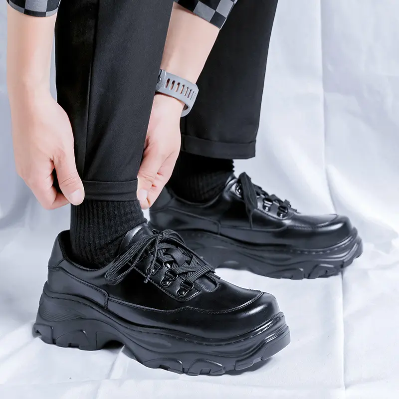 Korean style men casual natural leather shoes lace-up oxfords shoe black trendy platform sneakers business office dress footwear