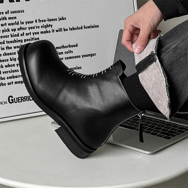 men's fashion punk rock original leather boots big toe designer shoes cowboy ankle boot black trendy cool chelsea botas hombre