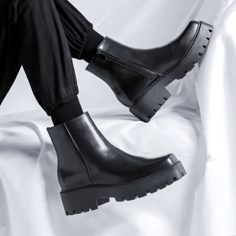 mens fashion punk rock dress high chelsea boots square toe platform shoes cowboy original leather boot handsome motorcycle botas