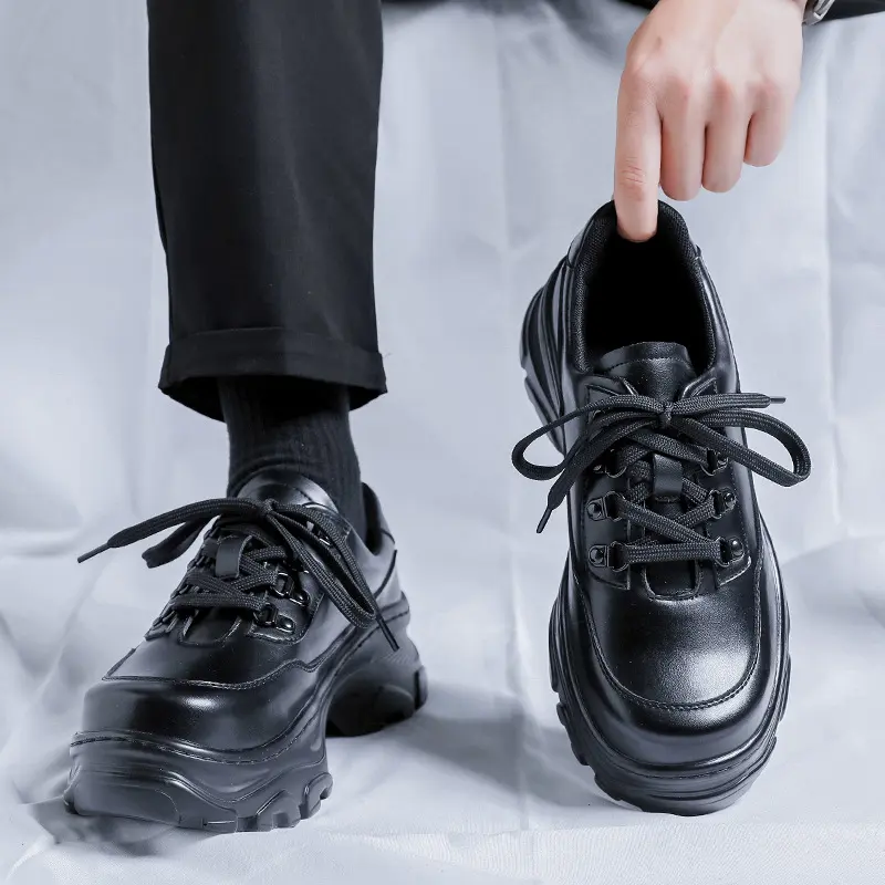 Korean style men casual natural leather shoes lace-up oxfords shoe black trendy platform sneakers business office dress footwear