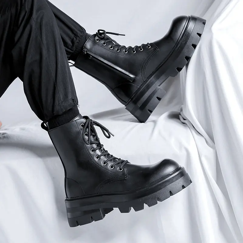 men luxury fashion platform boots lace-up genuine leather shoes spring autumn boot stage nightclub stylish high motorcycle botas
