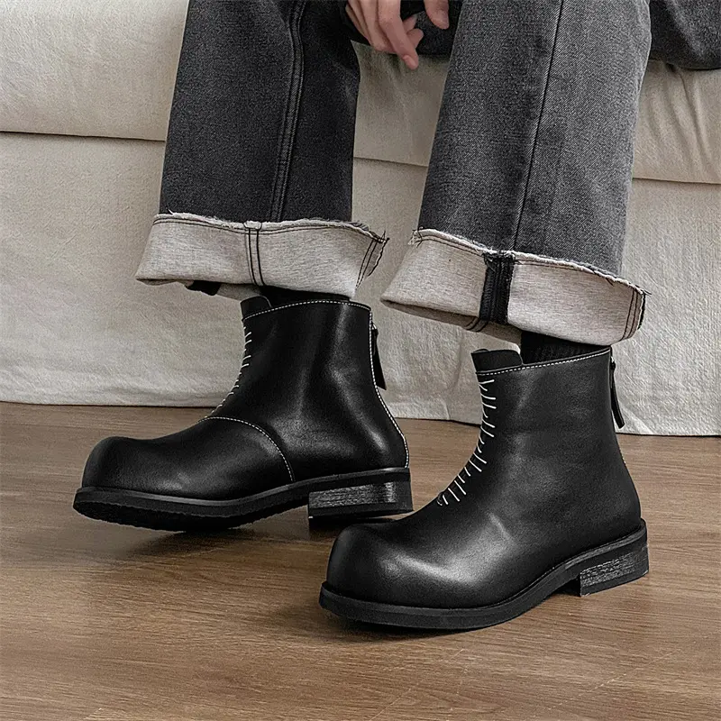 men's fashion punk rock original leather boots big toe designer shoes cowboy ankle boot black trendy cool chelsea botas hombre