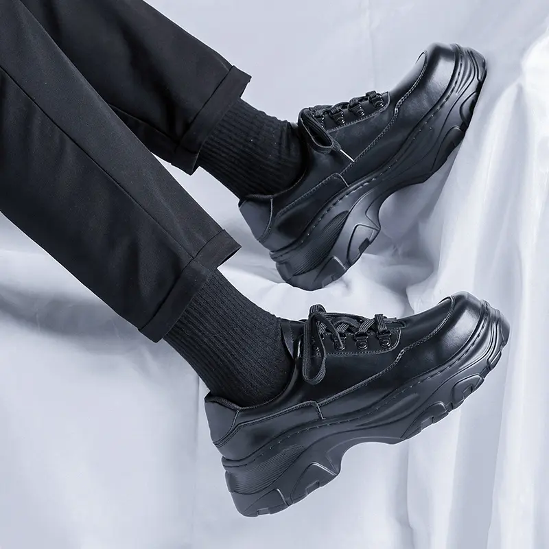 Korean style men casual natural leather shoes lace-up oxfords shoe black trendy platform sneakers business office dress footwear
