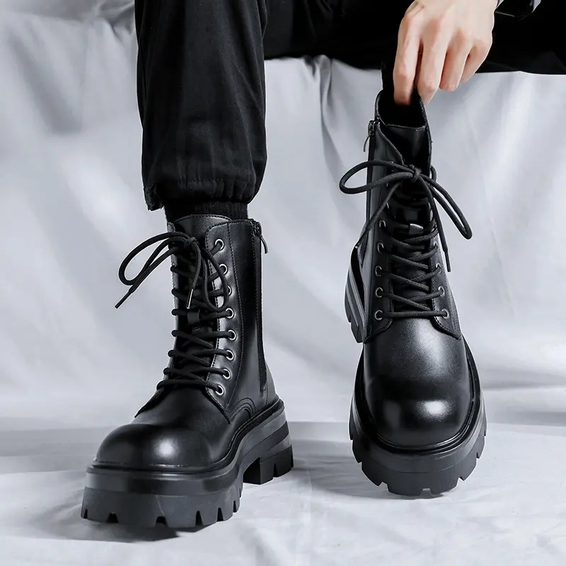 men luxury fashion platform boots lace-up genuine leather shoes spring autumn boot stage nightclub stylish high motorcycle botas