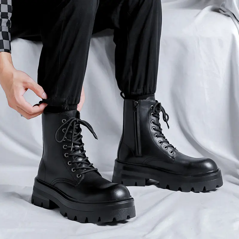 men luxury fashion platform boots lace-up genuine leather shoes spring autumn boot stage nightclub stylish high motorcycle botas