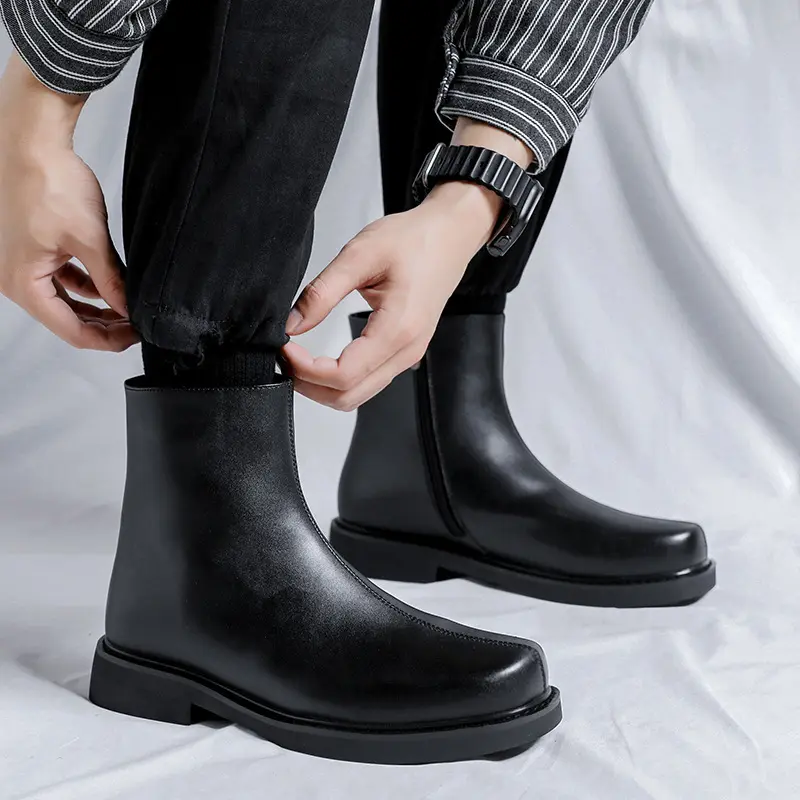British style mens fashion chelsea boots brand designer square toe shoes cowboy original leather boot handsome ankle botas mans