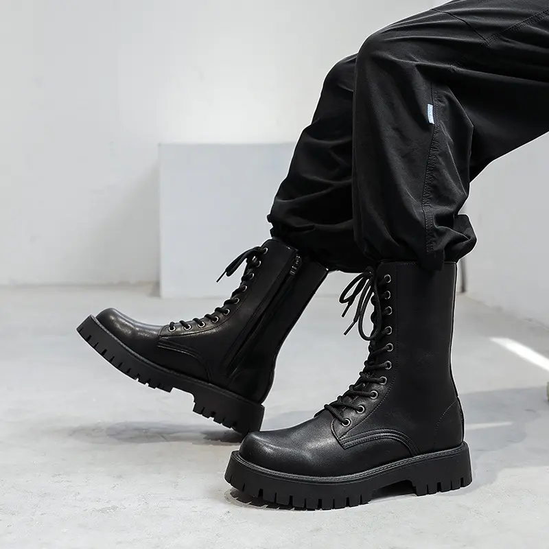 mens fashion motorcycle boots party nightclub dress black genuine leather shoes high top cowboy boot handsome long botas zapatos