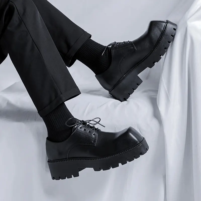 men fashion original leather shoes brand designer square toe derby shoe stage nightclub dress black tide platform footwear male