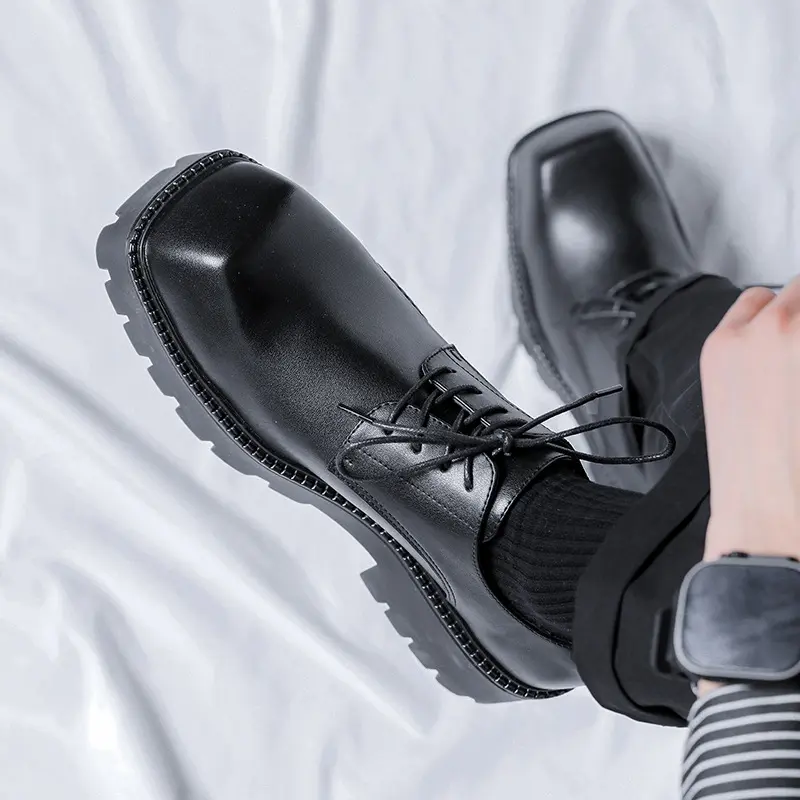 men fashion original leather shoes brand designer square toe derby shoe stage nightclub dress black tide platform footwear male