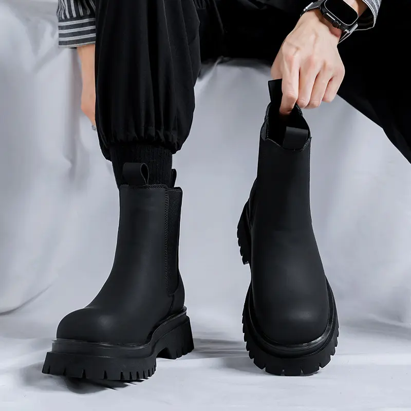 men luxury fashion high motorcycle boots black stylish platform shoes cowboy original leather boot handsome chunky chelsea botas
