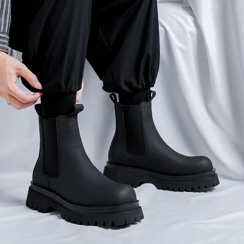 men luxury fashion high motorcycle boots black stylish platform shoes cowboy original leather boot handsome chunky chelsea botas