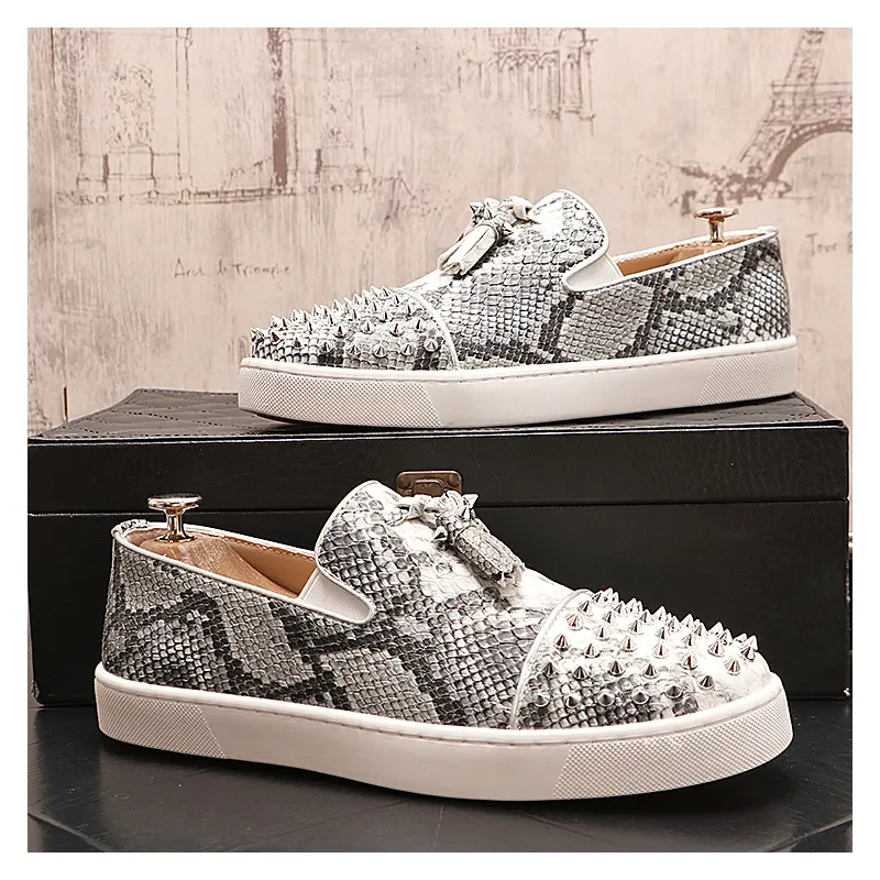 mens fashion spikes studded shoes slip-on snake skin print rivets shoe soft leather flats tassels loafers designer footwear mans
