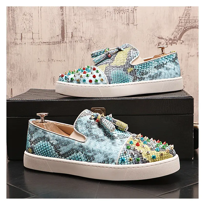 mens fashion spikes studded shoes slip-on snake skin print rivets shoe soft leather flats tassels loafers designer footwear mans