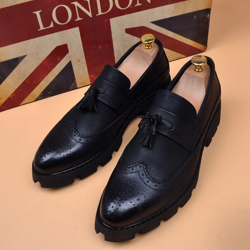 men casual business wedding formal dress shoes slip-on platform tassels shoe black trendy carved brogue loafers leather footwear