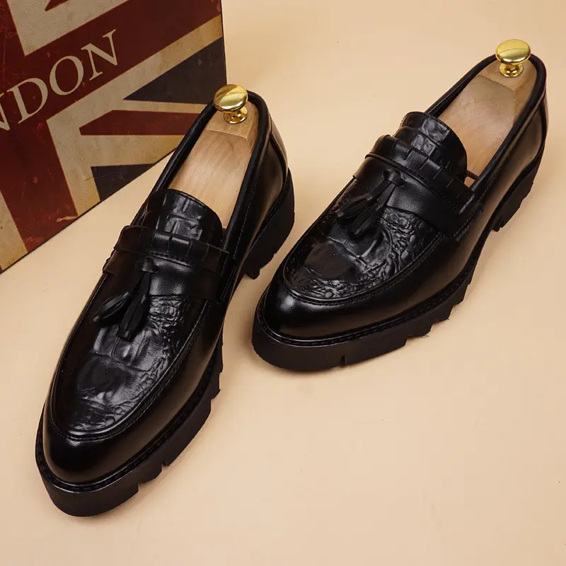 Korean style mens fashion natural leather shoes slip-on driving tassels shoe party nightclub platform loafers stylish footwear