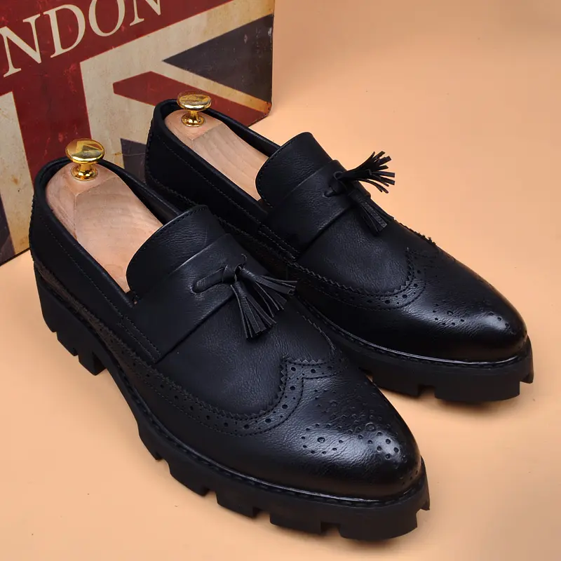 men casual business wedding formal dress shoes slip-on platform tassels shoe black trendy carved brogue loafers leather footwear